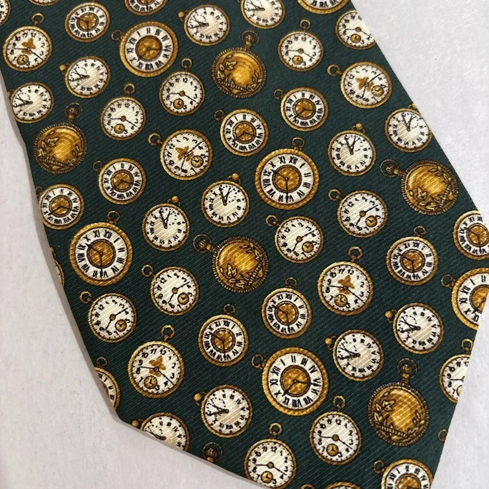 Banana Republic MEN'S TIE  Green With AOP Gold Pocket Watches, Silk, 4” X 58”